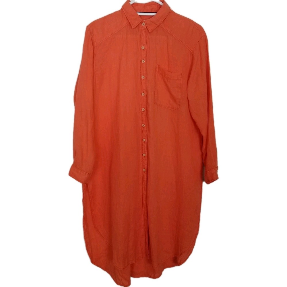 By Anthropologie Women Linen Long Top Tunic Sz XS Orange Button Up Long Sleeve